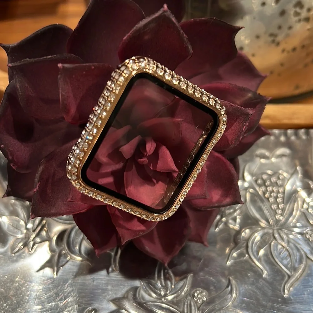 Rose Gold Rhinestone Apple Watch Bumper with tempered glass.